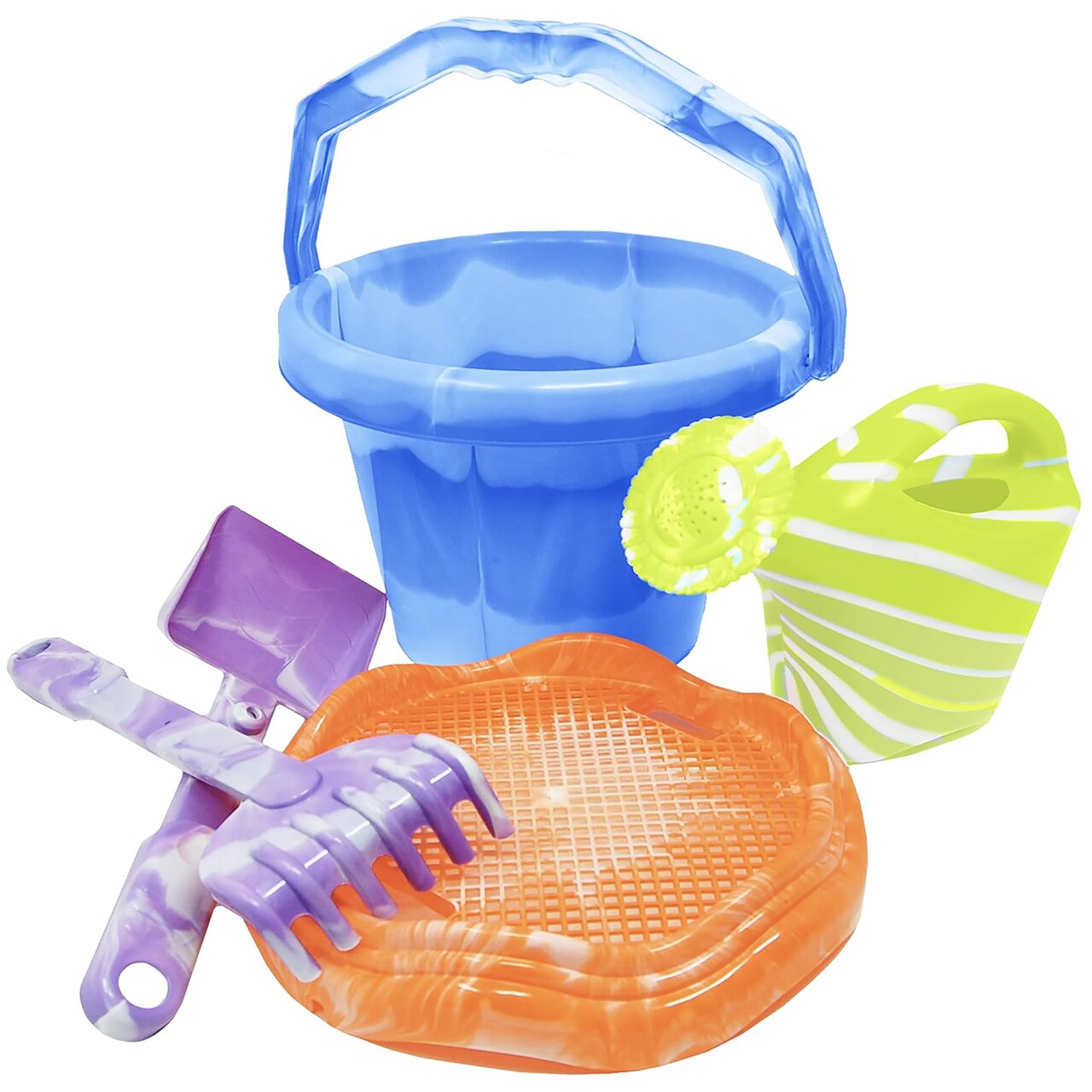 Scooba Duck: Beach Bucket Set - 5pc, Sand Castle & Digging Toy Set, Pail-Sifter-Rake-Shovel, Colorful Marble Design, Outdoor, Pool-Water Play, Kids 3+